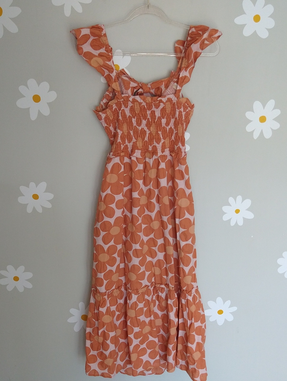 Orange Flower Power Ruffle Strap Tie-Back Open Back Smocked Bodice Midi Dress